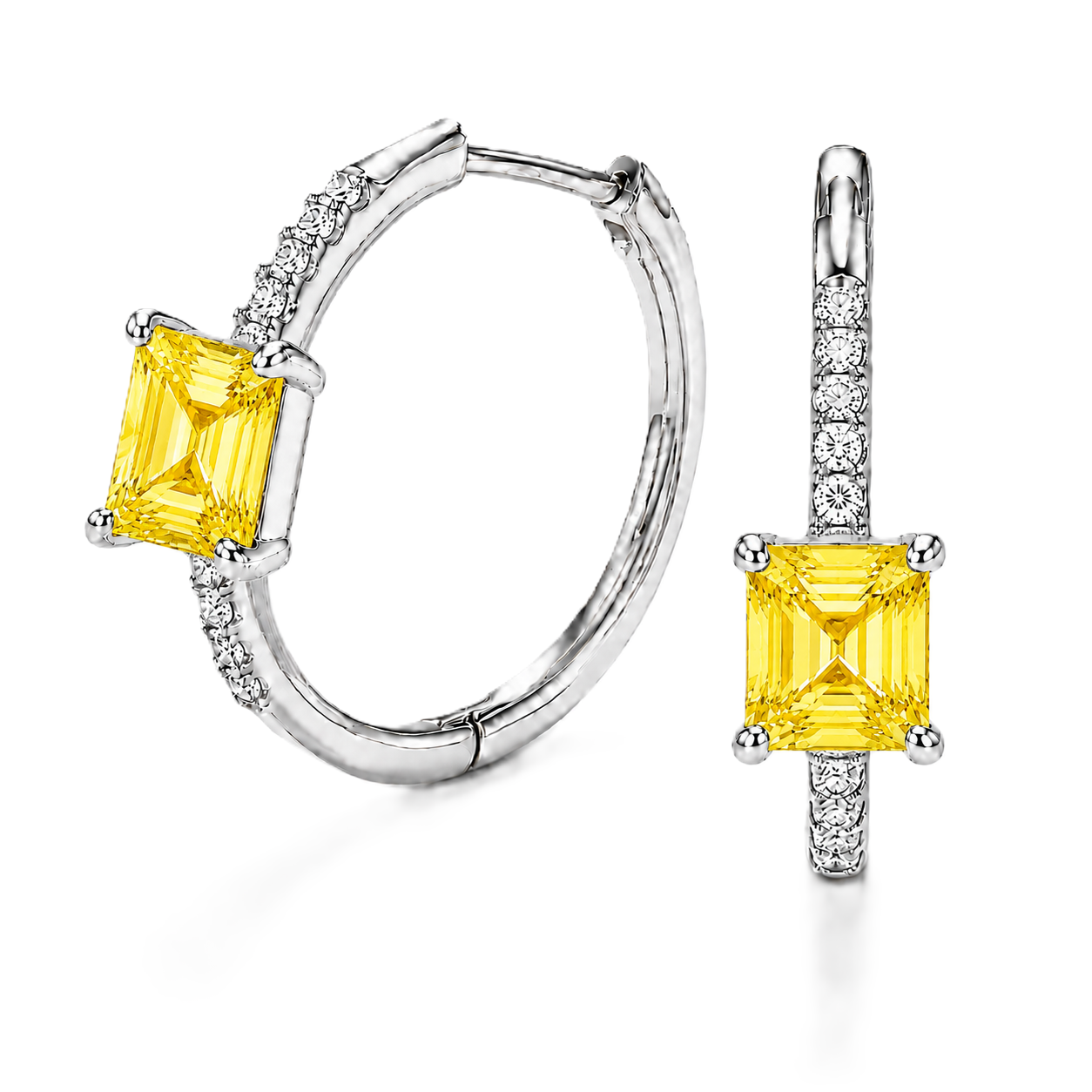 Yellow sapphire huggie earrings featuring vibrant 5 mm square yellow sapphires and sparkling moissanite accents in white gold plated 925 silver.