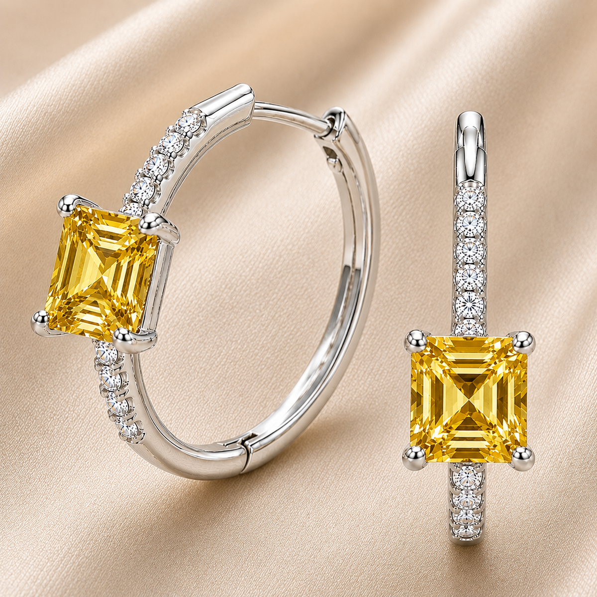 Yellow sapphire huggie earrings featuring vibrant 5 mm square yellow sapphires and sparkling moissanite accents in white gold plated 925 silver.