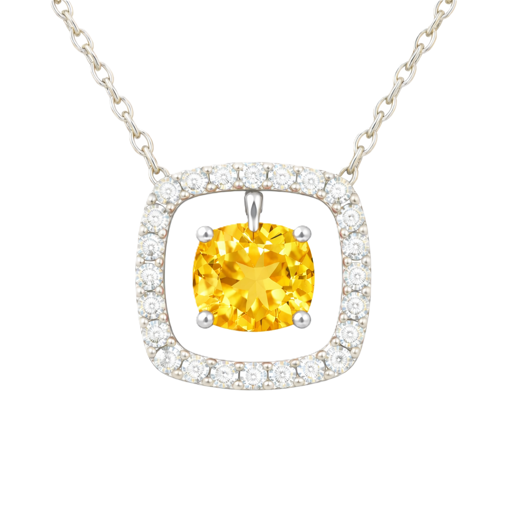 Yellow sapphire necklace with a 6 mm cushion cut and moissanite halo, crafted in white gold-plated 925 silver. Elegant and refined. Available now at BSI Jewelry.