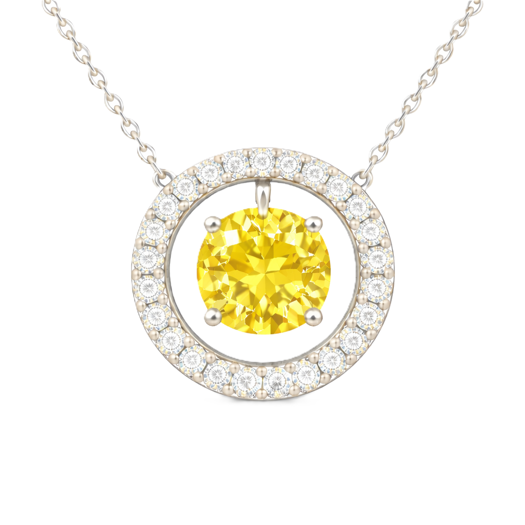 Yellow sapphire necklace with a 6 mm round cut in white gold-plated 925 silver and moissanite accents. Elegant for daily wear. Available now at BSI Jewelry.