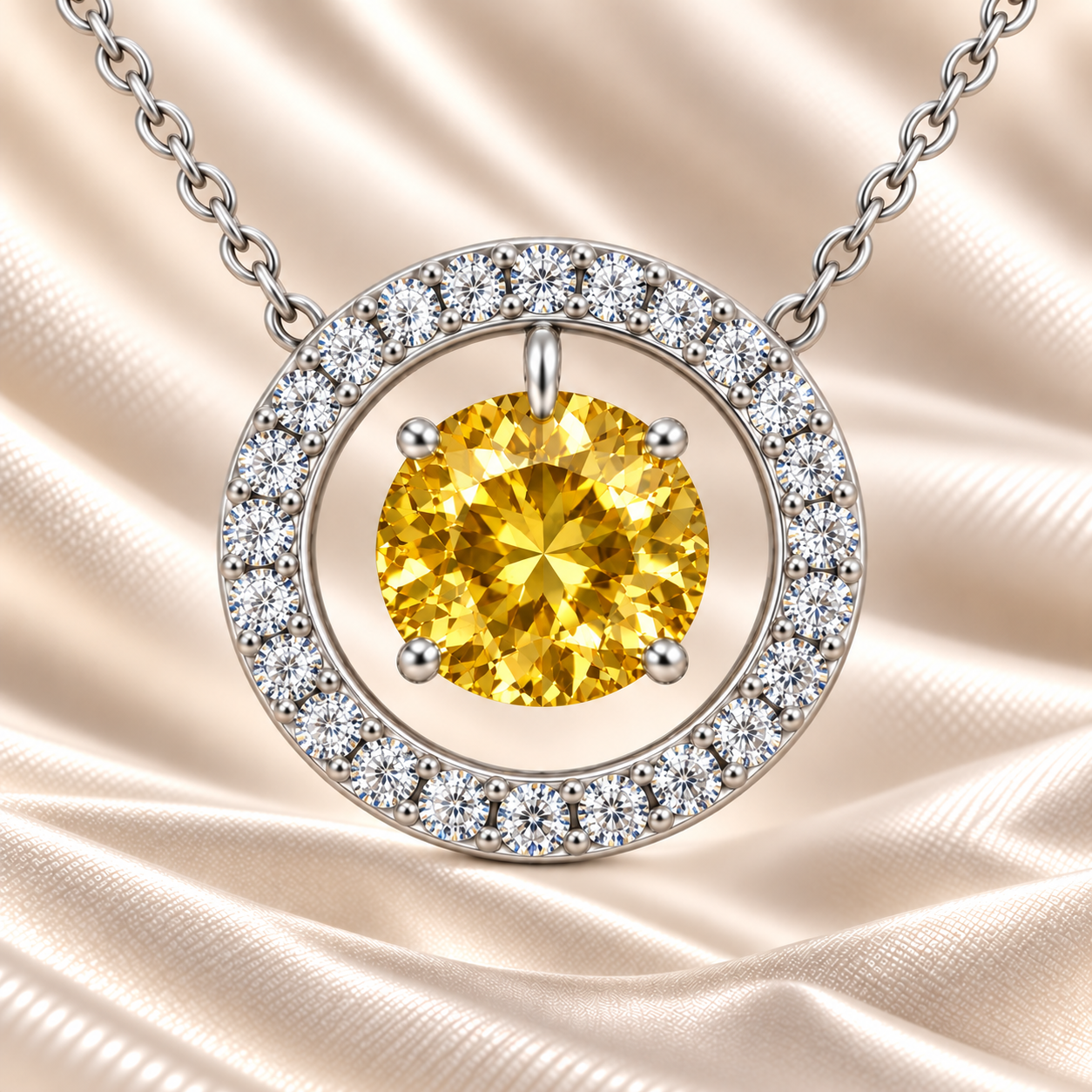 Yellow sapphire necklace with a 6 mm round cut in white gold-plated 925 silver and moissanite accents. Elegant for daily wear. Available now at BSI Jewelry.
