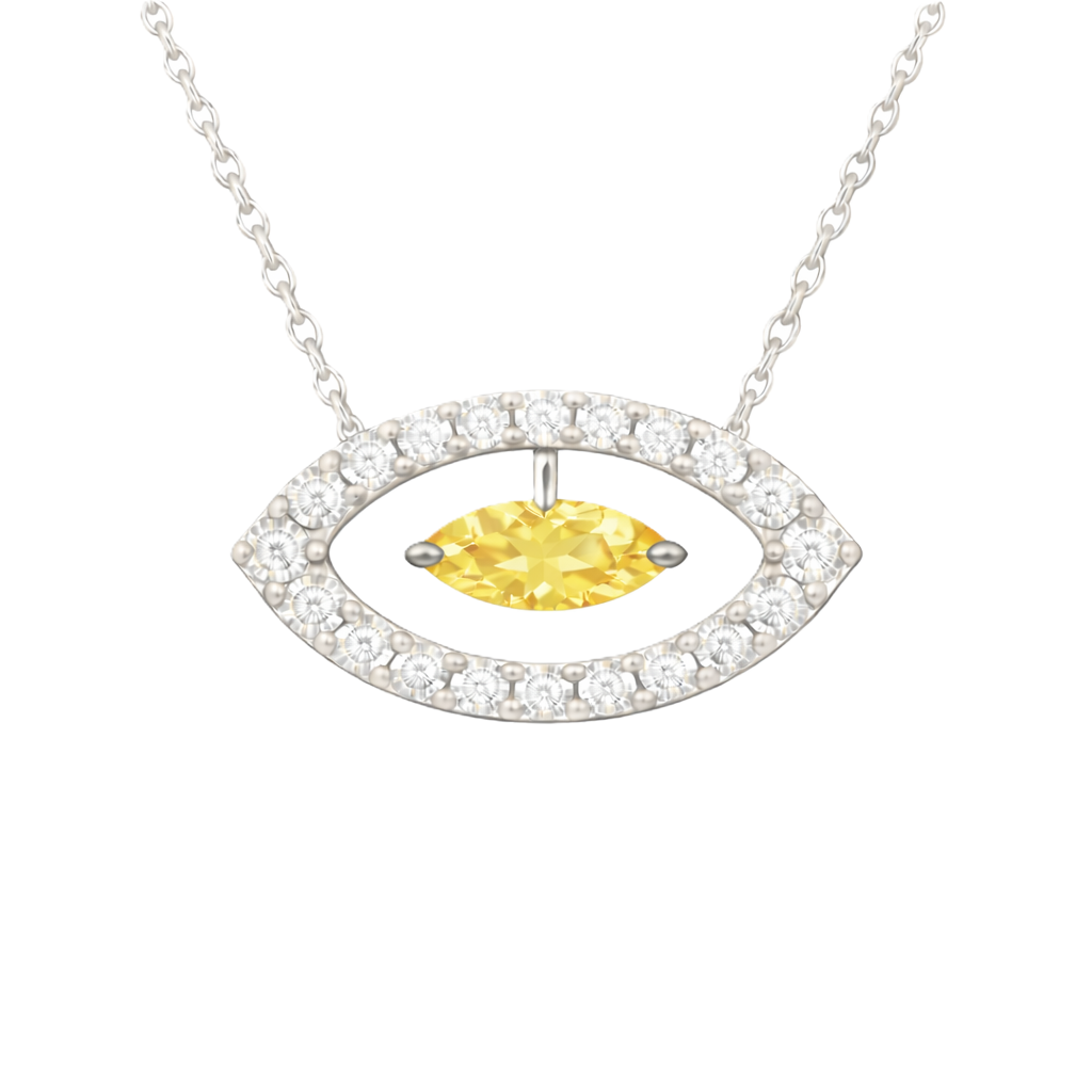 Yellow sapphire necklace with a 7×3.5 mm marquise cut in white gold-plated 925 silver and moissanite accents. Elegant for daily wear. Available now at BSI Jewelry.
