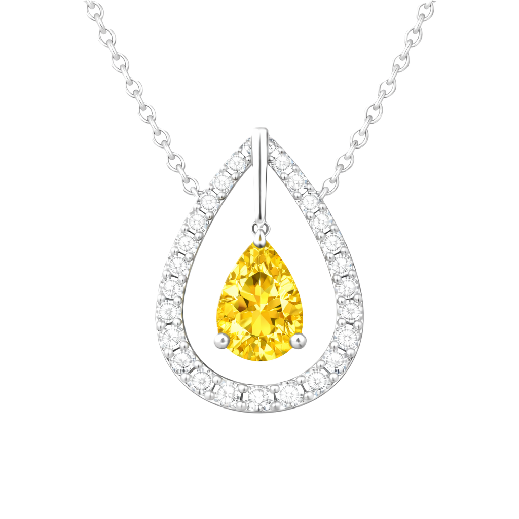 Yellow sapphire necklace with a 7×5 mm pear cut and moissanite halo, crafted in white gold-plated 925 silver. Elegant and radiant. Available now at BSI Jewelry.