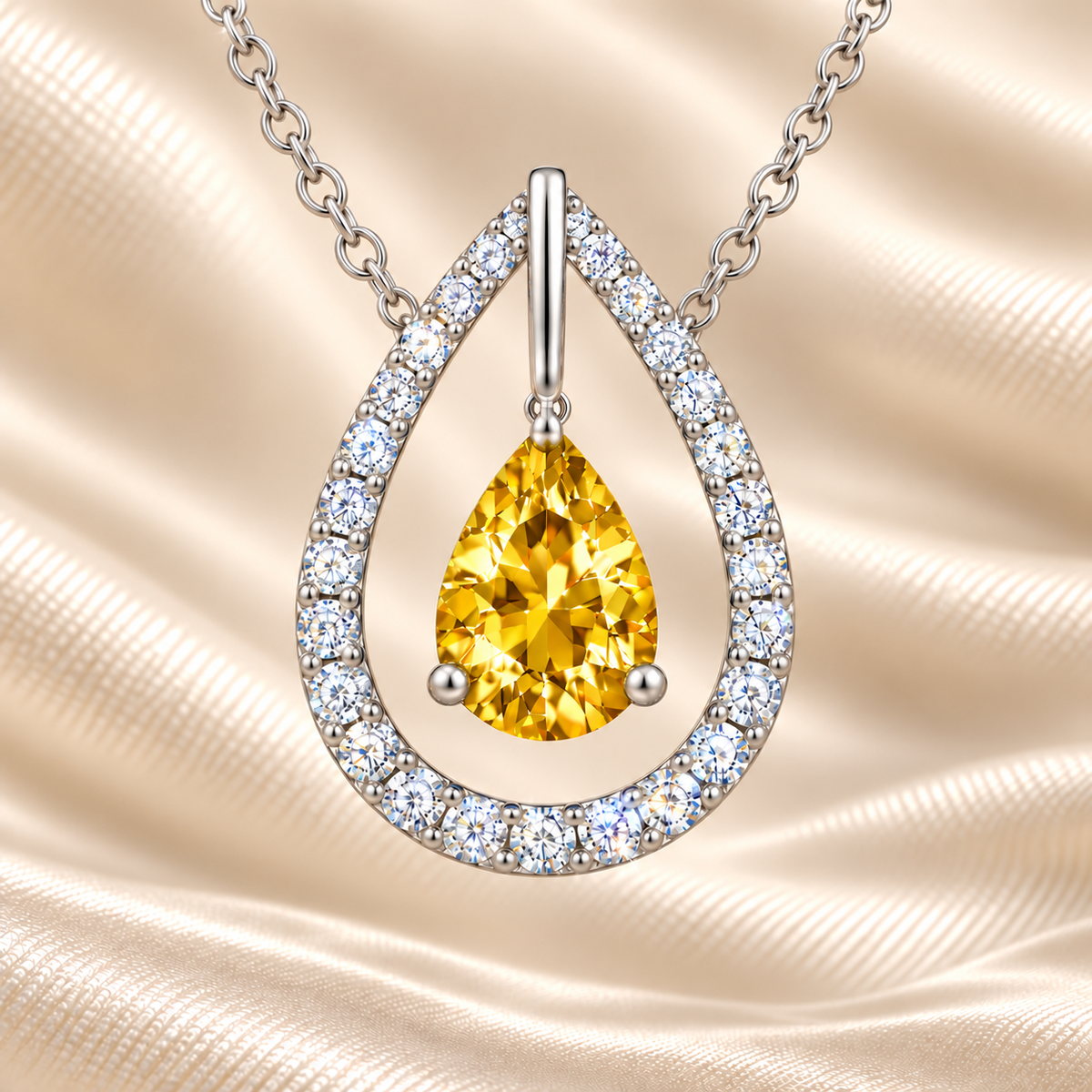 Yellow sapphire necklace with a 7×5 mm pear cut and moissanite halo, crafted in white gold-plated 925 silver. Elegant and radiant. Available now at BSI Jewelry.
