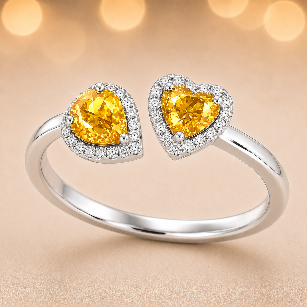 Yellow sapphire open ring with 6×4 mm pear and 5 mm heart cuts, crafted in white gold-plated 925 silver. Bright and hypoallergenic. Available now at BSI Jewelry.