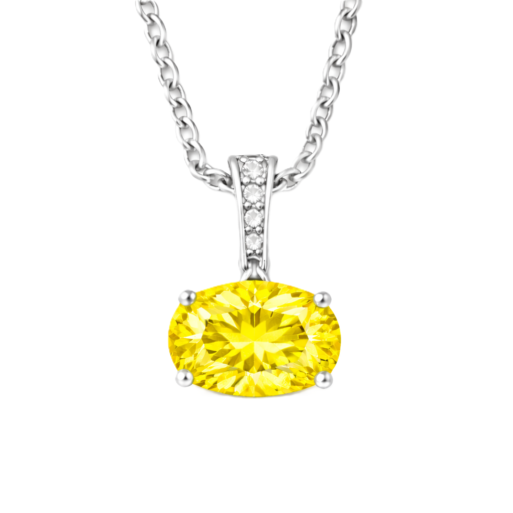 Yellow sapphire oval pendant with an 8×5 mm gemstone in white gold-plated 925 silver, accented with moissanite. Elegant and refined. Available now at BSI Jewelry.