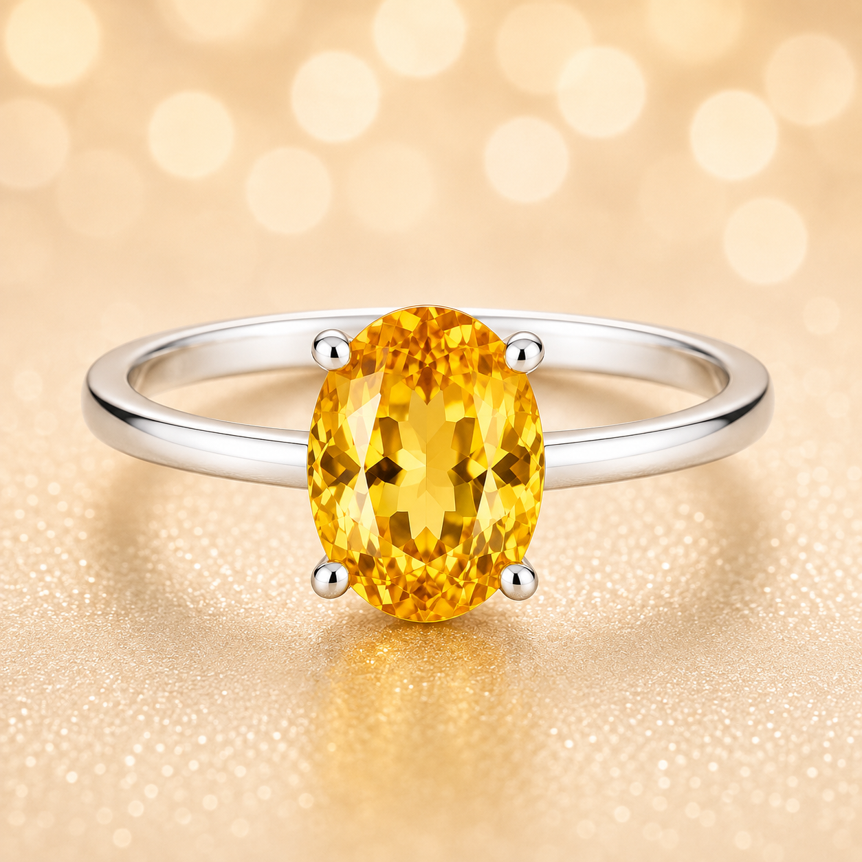 Yellow sapphire oval solitaire ring in white-gold-plated 925 silver. 7×5 mm gemstone with radiant brilliance. Available now at BSI Jewelry.