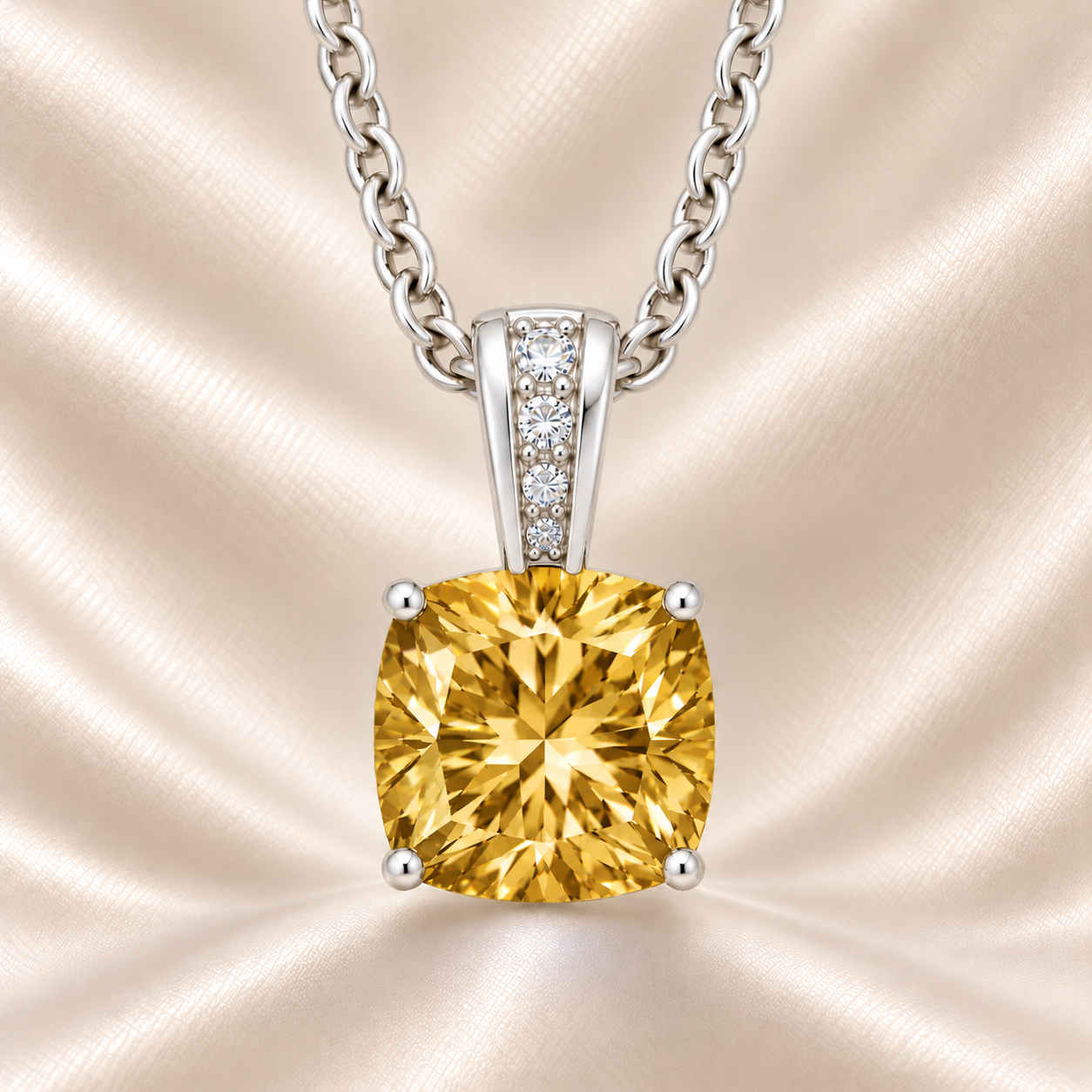 Yellow sapphire pendant with a 6 mm cushion gemstone in white gold-plated 925 silver, accented with moissanite. Elegant and refined. Available now at BSI Jewelry.