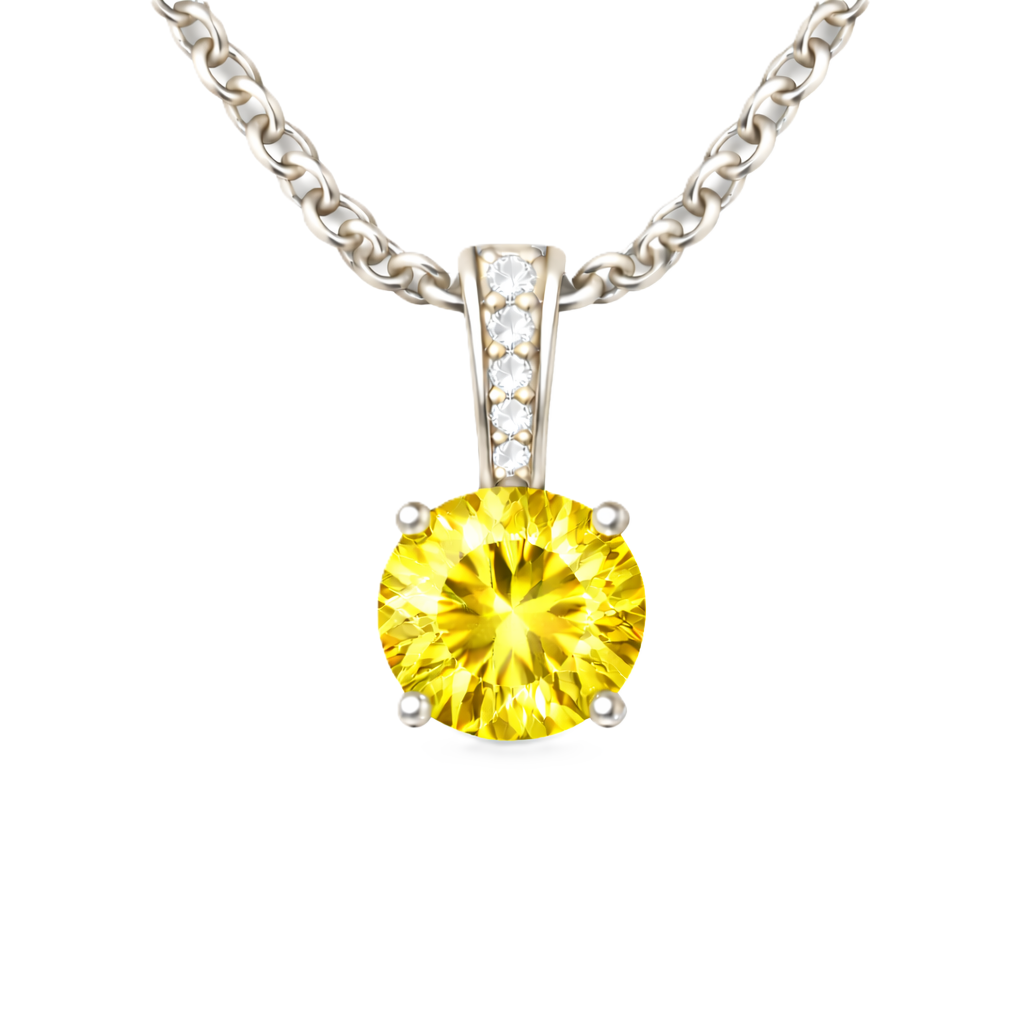 Yellow sapphire pendant with a 6 mm round cut, set in white gold-plated 925 silver. Bright, elegant, and refined for daily wear. Available now at BSI Jewelry.
