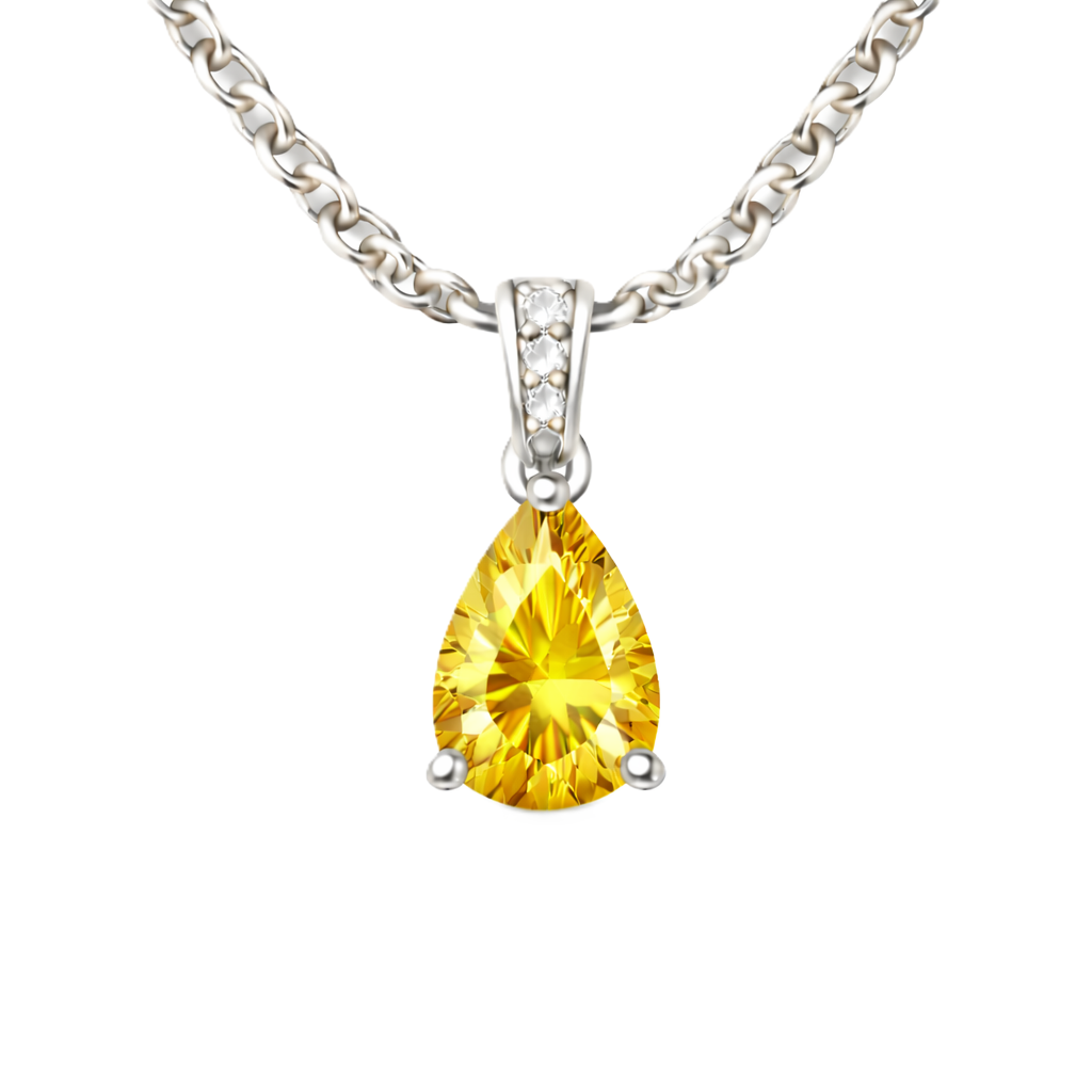Yellow sapphire pendant with a 7×5 mm pear cut, set in white gold-plated 925 silver. Bright, elegant, and refined for daily wear. Available now at BSI Jewelry.