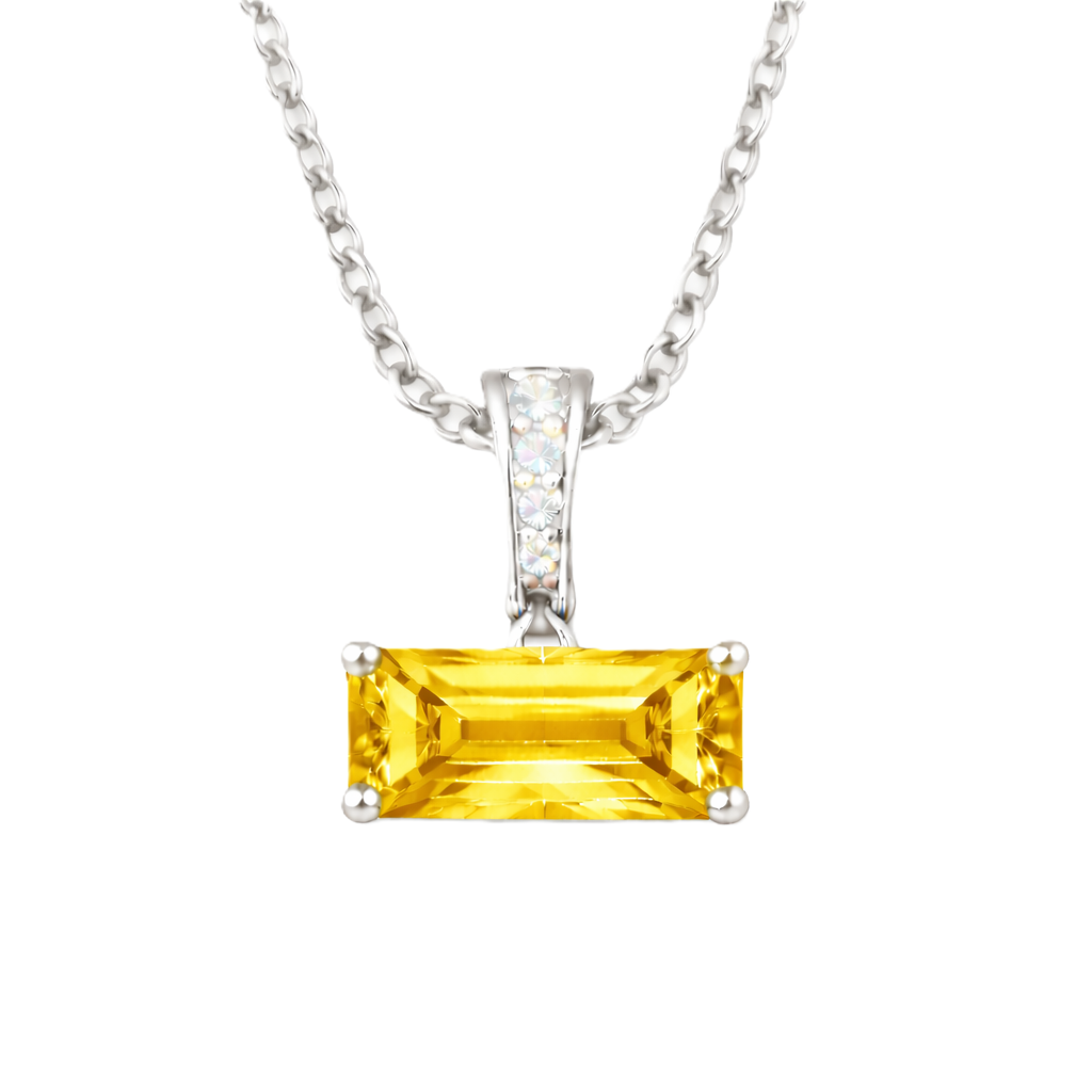 Yellow sapphire pendant with an 8×5 mm baguette in white gold-plated 925 silver, accented with moissanite. Elegant and refined. Available now at BSI Jewelry.