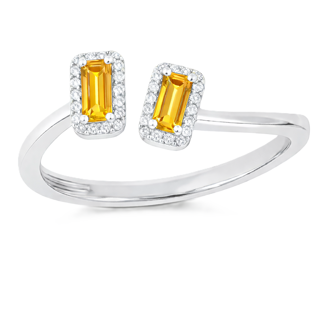 Yellow sapphire ring with 6×3 mm baguette cut stones, crafted in white gold-plated 925 silver and accented with moissanite. Modern and elegant. Available now at BSI Jewelry.