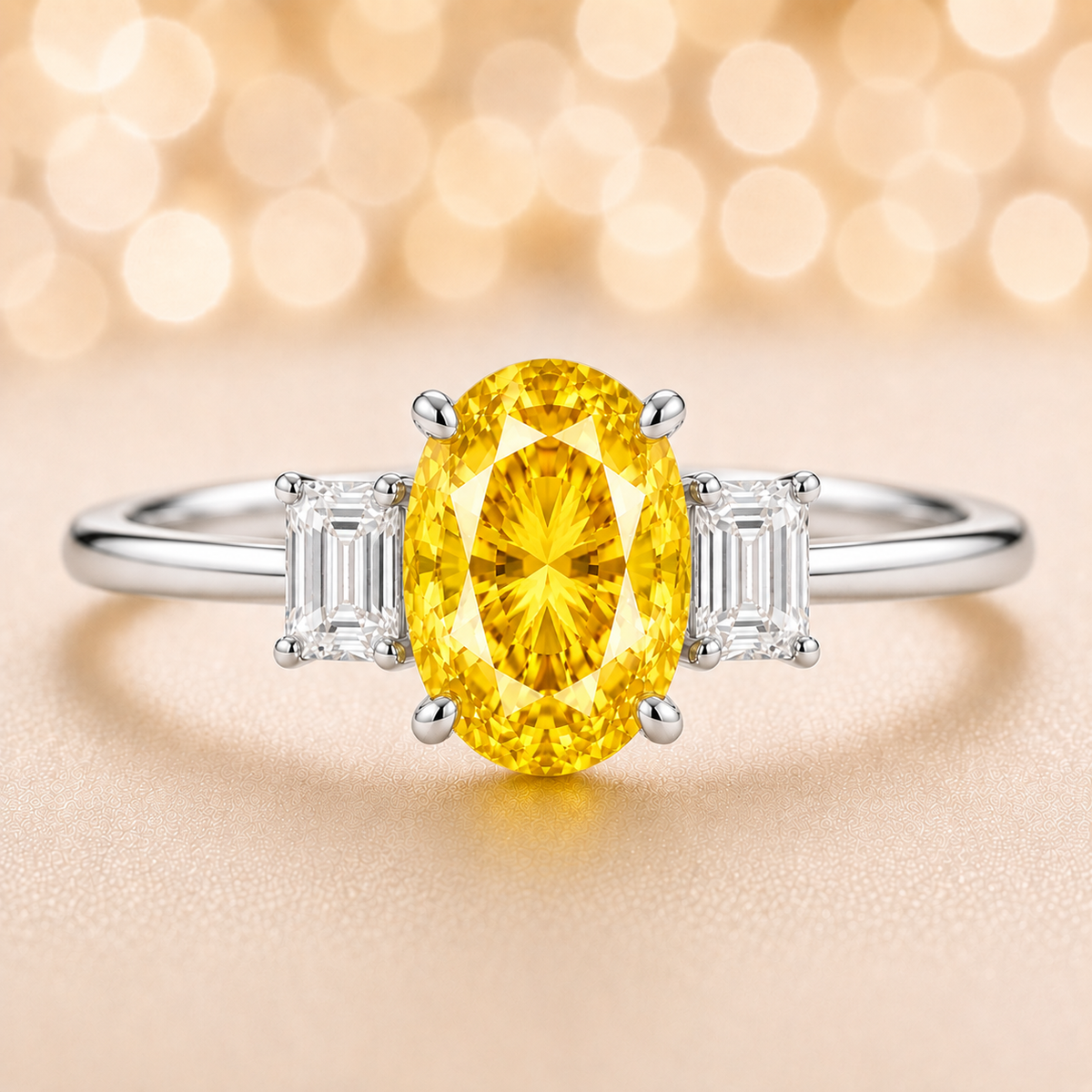 Yellow sapphire ring with 7×5 mm oval center and 5×3 mm moissanite sides in white gold-plated 925 silver. Elegant and refined. Available now at BSI Jewelry.