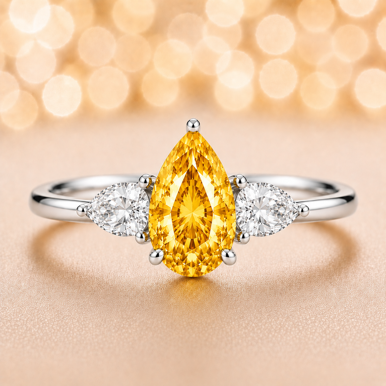 Yellow sapphire ring with 7×5 mm pear center and side stones in white gold-plated 925 silver. Bright and elegant for daily wear. Available now at BSI Jewelry.