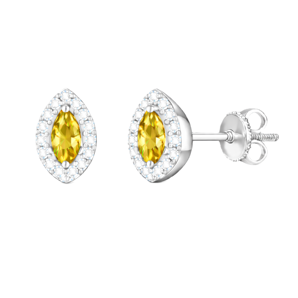 Yellow sapphire stud earrings with 5×2.5 mm marquise in white gold-plated 925 silver, accented with moissanite. Warm and elegant. Available now at BSI Jewelry.