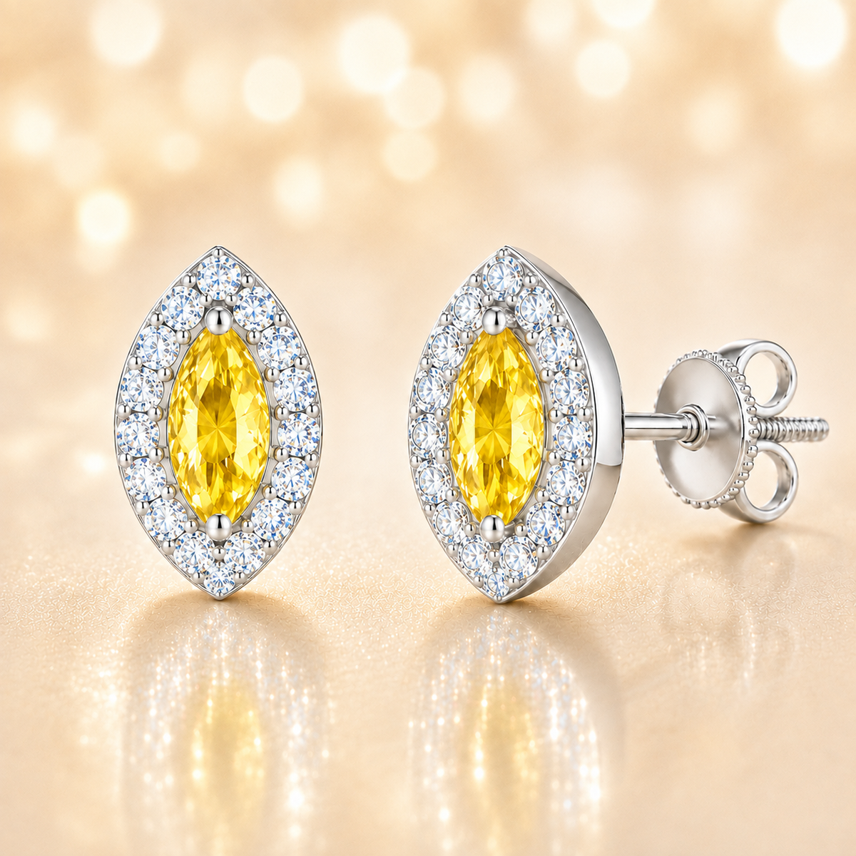 Yellow sapphire stud earrings with 5×2.5 mm marquise in white gold-plated 925 silver, accented with moissanite. Warm and elegant. Available now at BSI Jewelry.