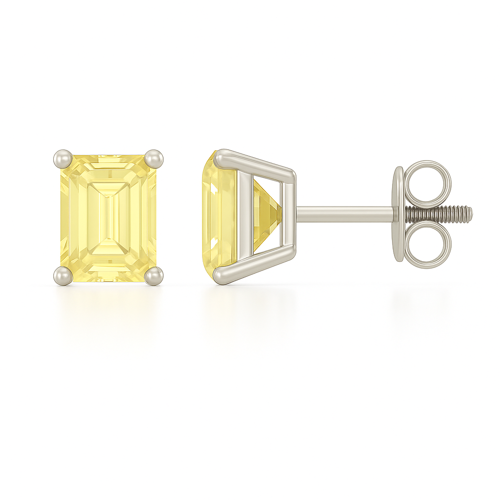 Yellow Sapphire Stud Earrings–925 Silver, 6×4mm Emerald