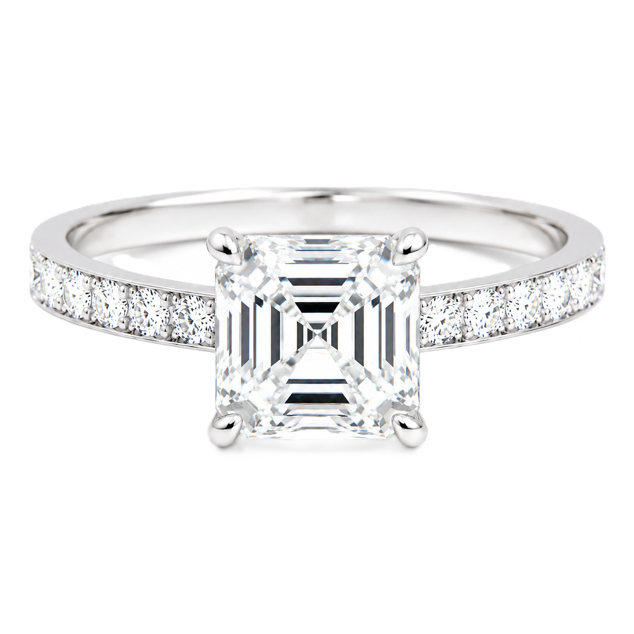 Asscher moissanite engagement ring featuring a 6 mm center stone and pavé band in white gold-plated 925 silver. Vintage elegance by BSI Jewelry.