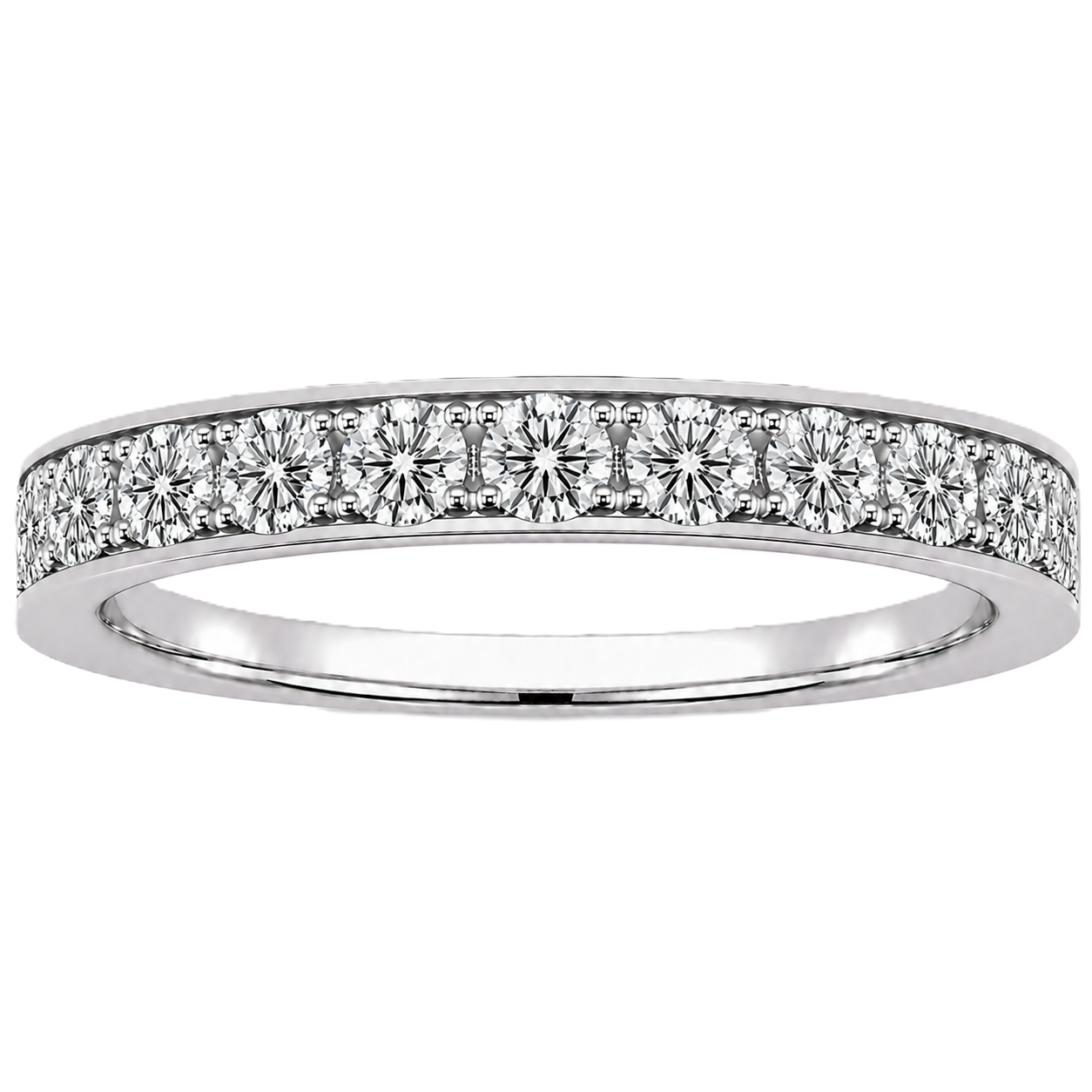 Round moissanite wedding band crafted in white gold-plated 925 silver. Elegant brilliance and timeless sparkle for everyday wear. Available now at BSI Jewelry.
