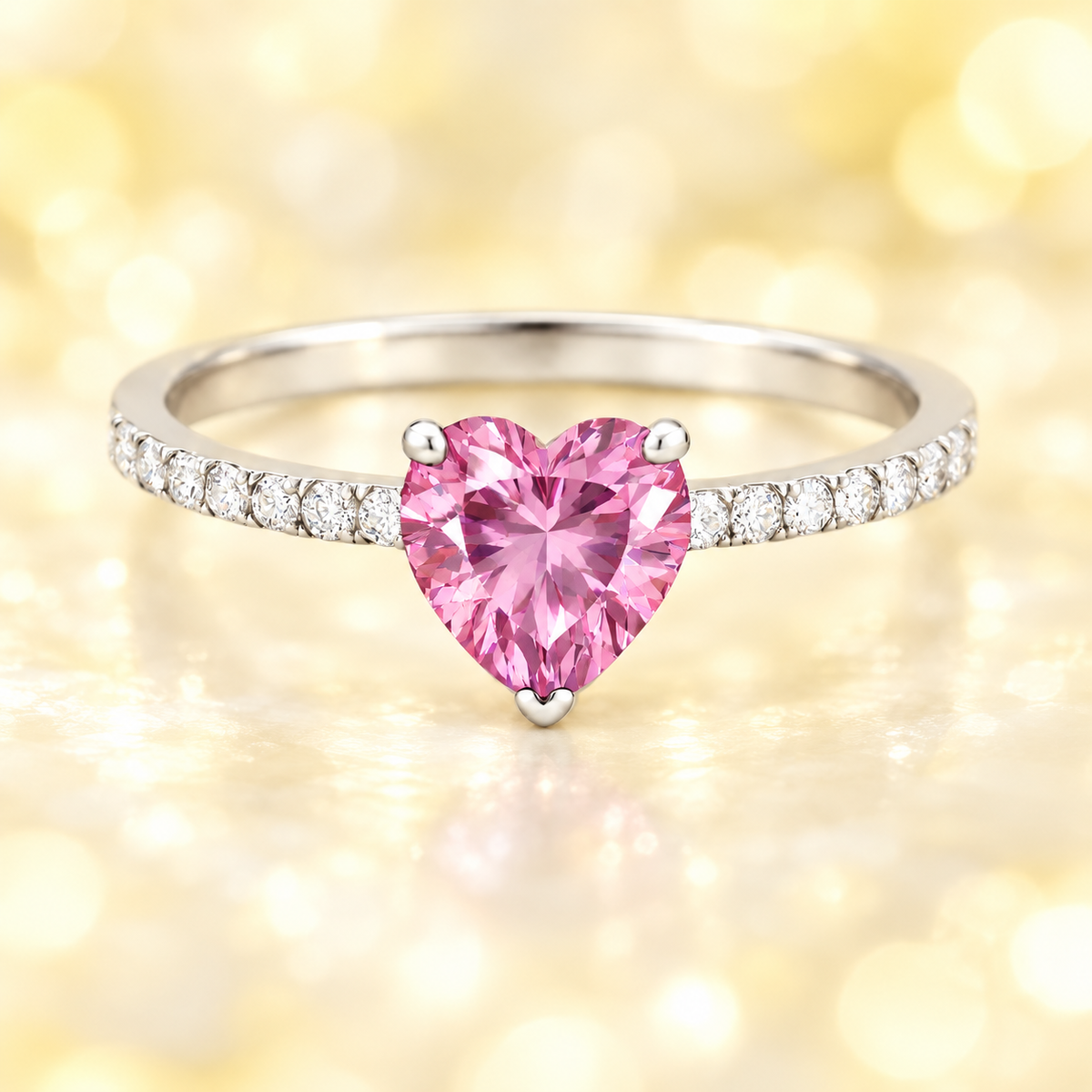Pink amethyst ring with a 6 mm heart in white gold-plated 925 silver, with moissanite. Romantic and elegant for daily wear. Available now at BSI Jewelry.