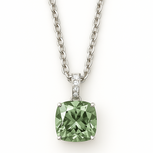 Moissanite & Green Amethyst Necklace – 925 Silver, 8mm Cushion Cut