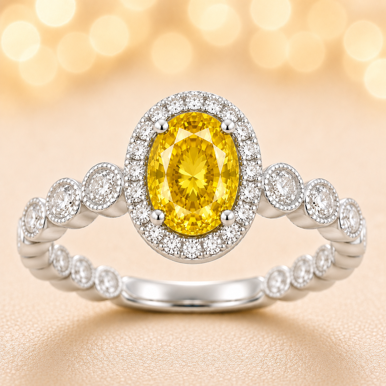 7×5 mm yellow sapphire ring with white Moissanite in white gold-plated hypoallergenic 925 silver. Elegant brilliance with warm color. Available now at BSI Jewelry.
