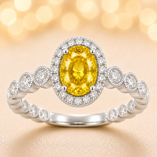 7×5 mm yellow sapphire ring with white Moissanite in white gold-plated hypoallergenic 925 silver. Elegant brilliance with warm color. Available now at BSI Jewelry.