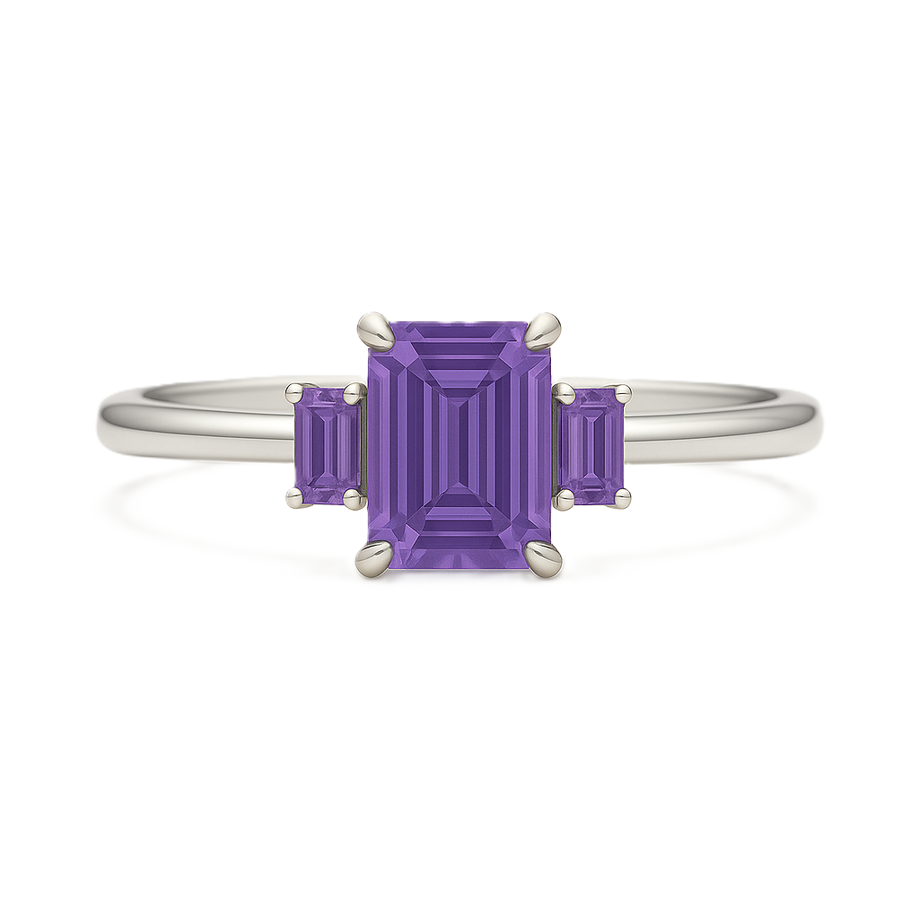 Amethyst Ring – 925 Silver, 6x4mm & 4x2mm Emerald-Cut
