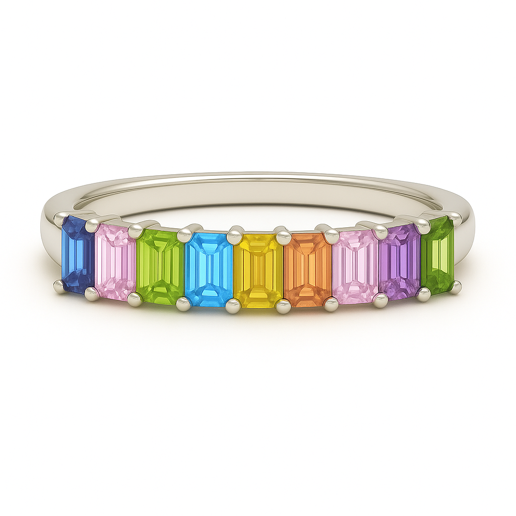 Multi Color Semi-Precious Ring – 925 Silver, 4x2mm Emerald-Cut