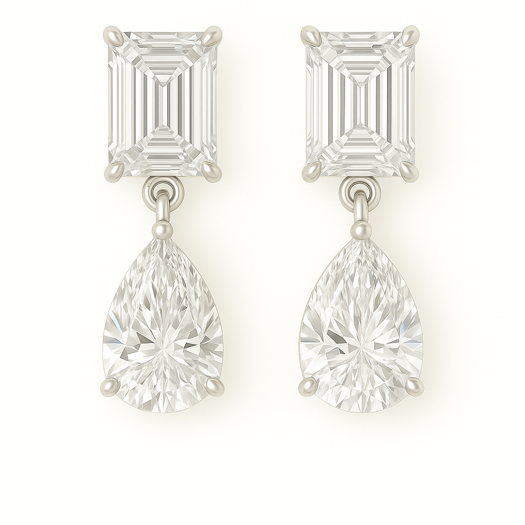Moissanite Drop Stud Earrings – 925 Silver, 6x4mm Emerald & Pear Cut
