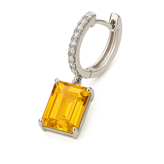 Moissanite & Citrine Huggie Earrings – 925 Silver, 8x6mm Emerald Cut