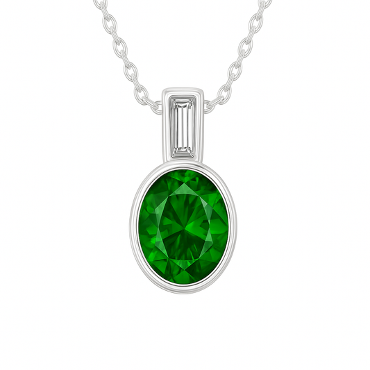 Moissanite & Green Sapphire Necklace – 925 Silver, 7x5mm Oval