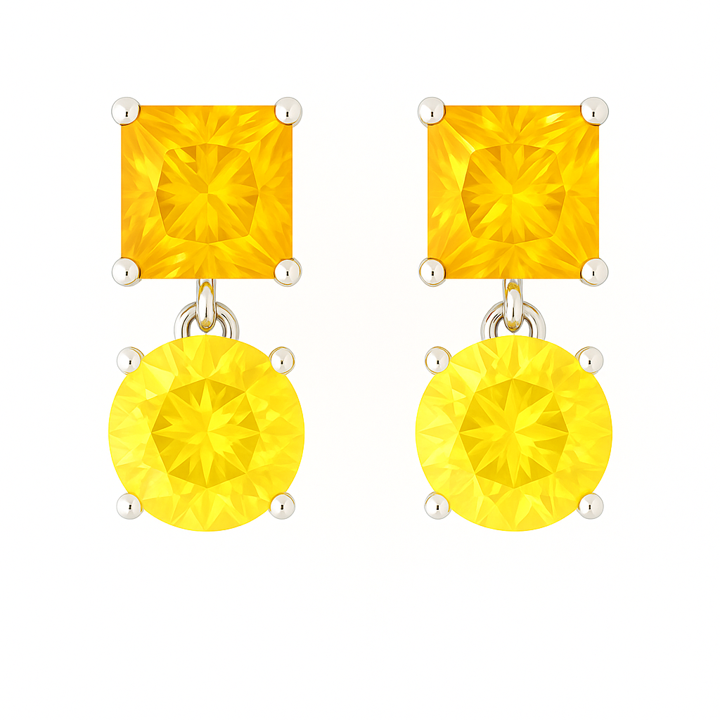 Yellow Sapphire Drop Stud Earrings – 925 Silver, 5mm Princess & Round