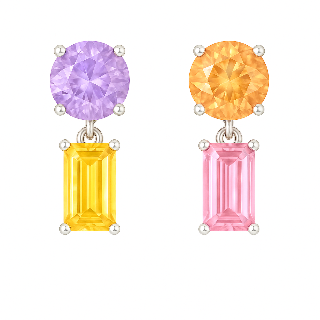 Multi Sapphire Earrings – 925 Silver, 5mm Round & 6x3mm Emerald Cut