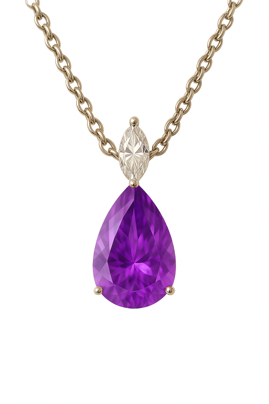 Moissanite & Amethyst Pear Necklace – 925 Silver, 12x8mm
