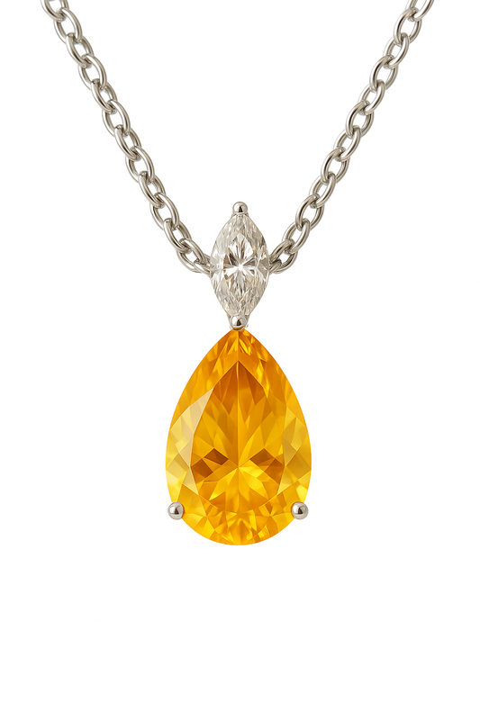 Moissanite & Citrine Pear Necklace – 925 Silver, 12x8mm