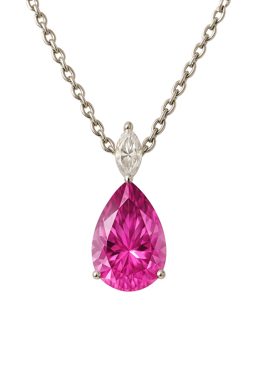 Moissanite & Pink Amethyst Pear Necklace – 925 Silver, 12x8mm