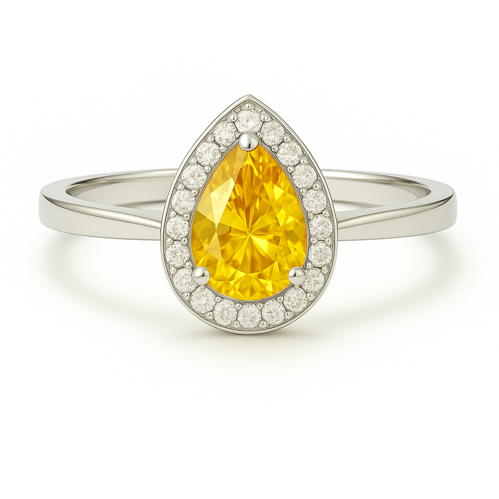 Moissanite & Yellow Sapphire Pear Engagement Ring – 925 Silver, 7×5 mm