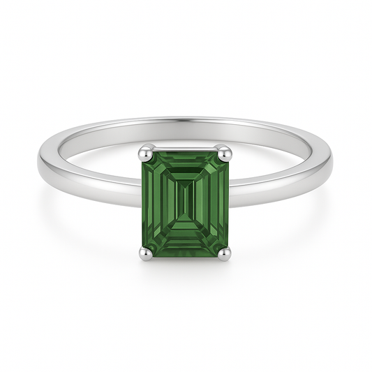 Green Sapphire Emerald-Cut Solitaire Engagement Ring – 925 Silver