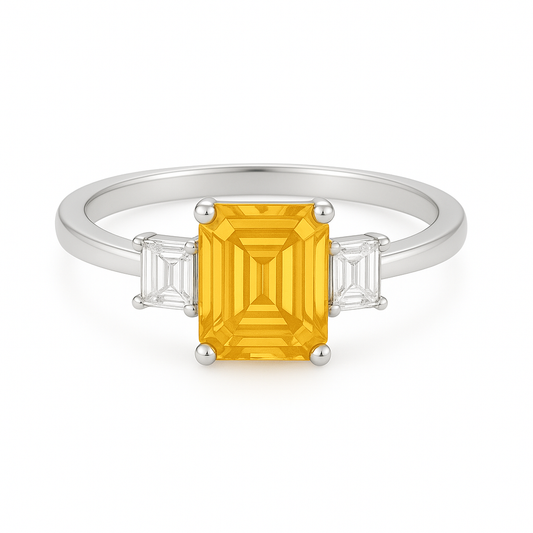 Moissanite & Yellow Sapphire Emerald-Cut Engagement Ring – 925 Silver