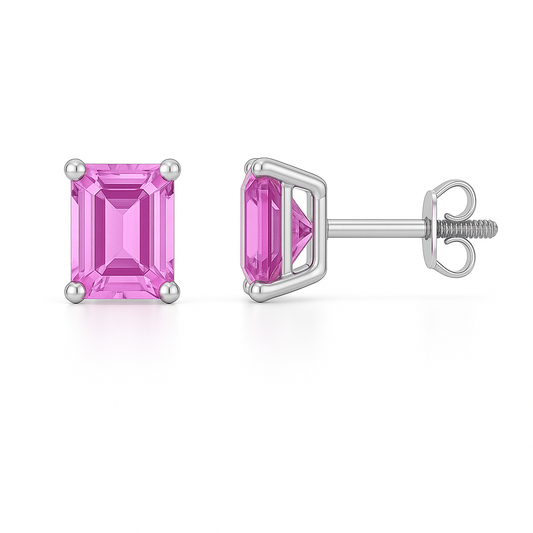 Pink Amethyst Stud Earrings – 925 Silver, 6x4mm Emerald-Cut
