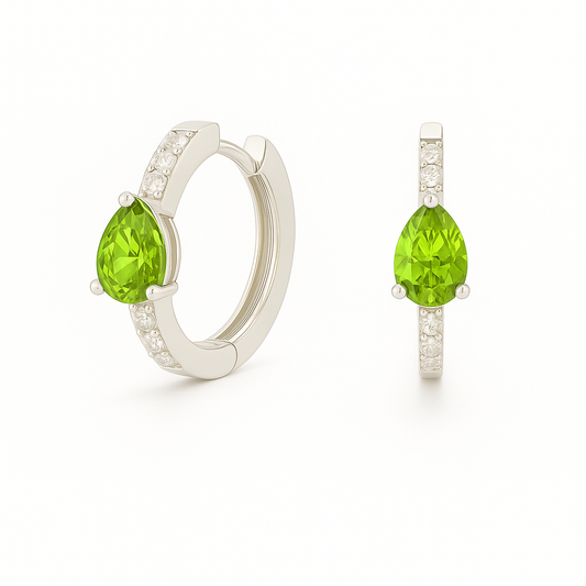 Moissanite & Peridot Huggie Earrings – 925 Silver, 6x4mm Pear Cut