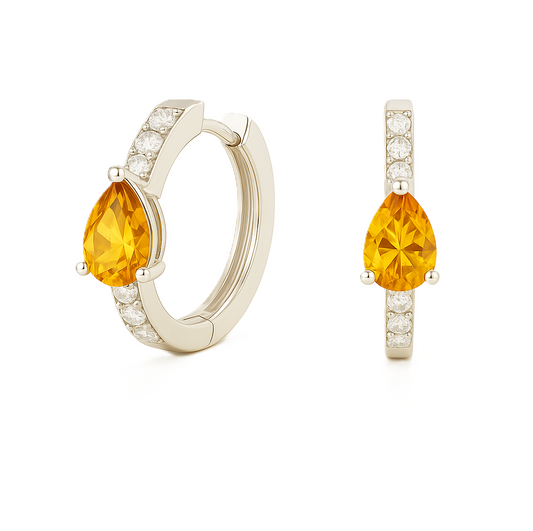 Moissanite & Citrine Huggie Earrings – 925 Silver, 6x4mm Pear Cut