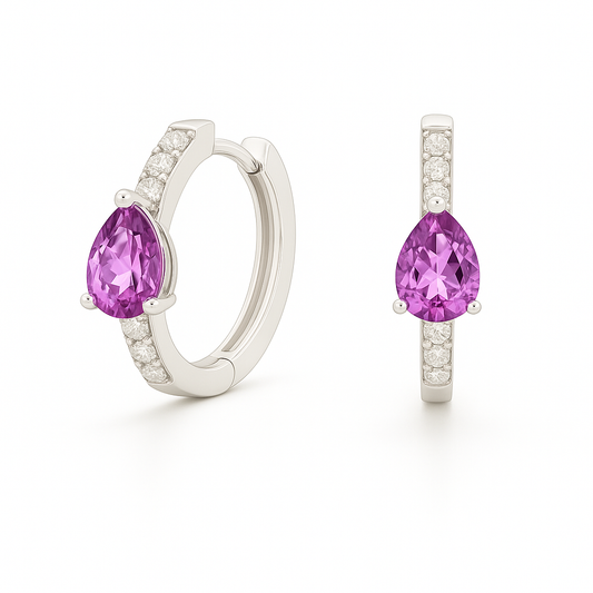 Moissanite & Pink Amethyst Huggie Earrings – 925 Silver, 6x4mm Pear Cut