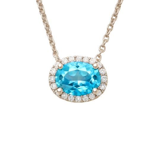 Moissanite & Sky Blue Topaz Necklace – 925 Silver, 7x5mm Oval Cut