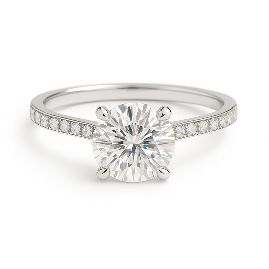 Moissanite Solitaire Engagement Ring with Pavé Band–925 Silver, 6.50mm