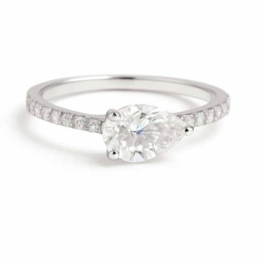 Moissanite Pear Solitaire Engagement Ring with Pavé Band – 925 Silver