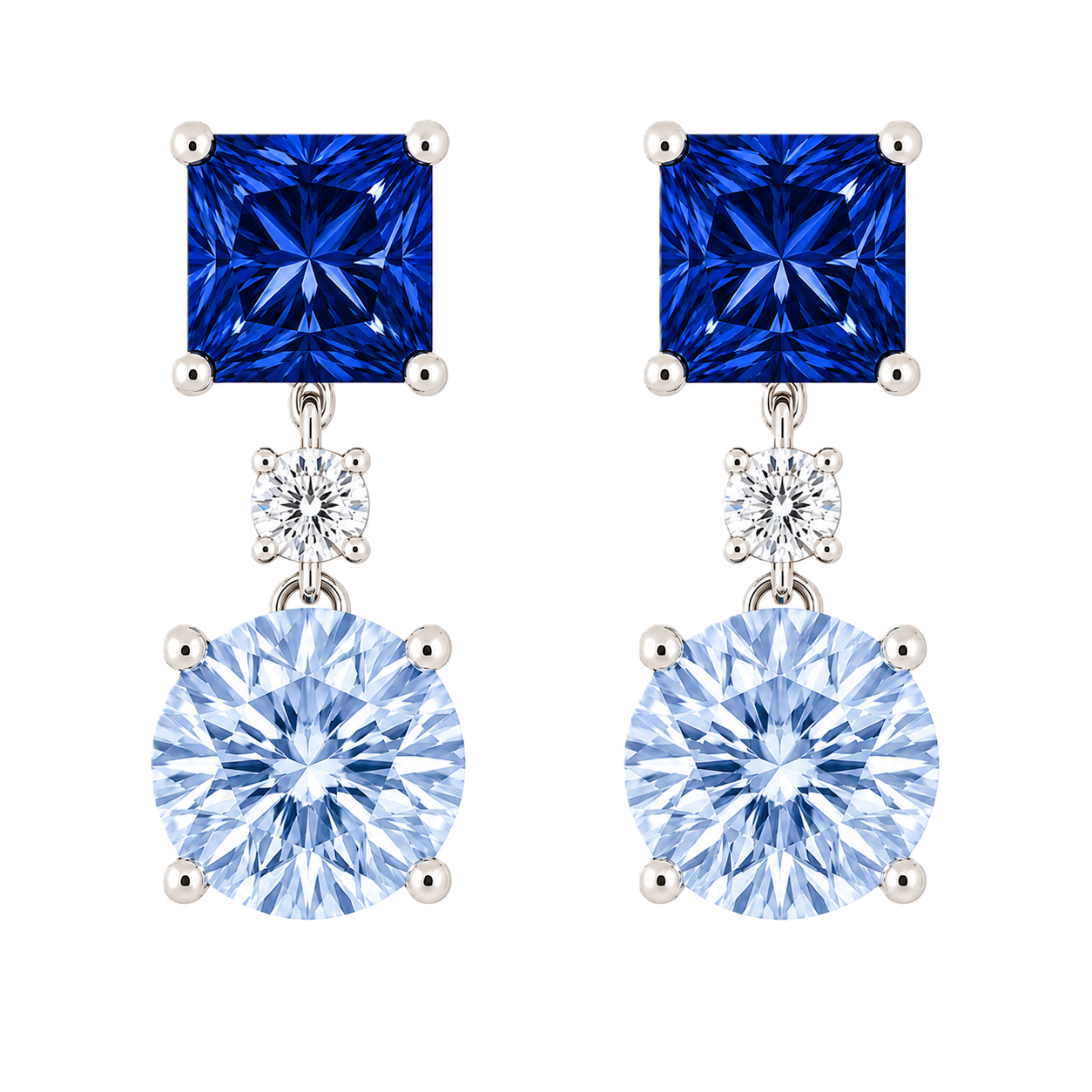 Blue Sapphire Drop Stud Earrings–Dual Cut Design-925 Silver | BSI Jewelry