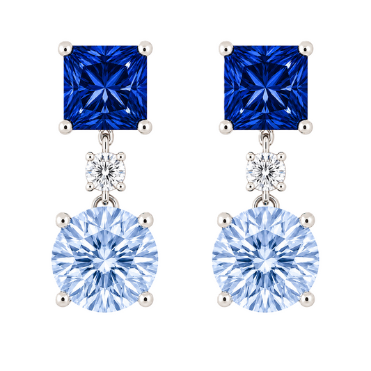 Blue Sapphire Drop Stud Earrings–Dual Cut Design-925 Silver | BSI Jewelry