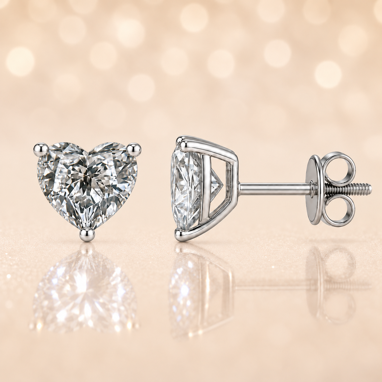 Moissanite Stud Earrings, 6 mm heart cut, crafted in white gold-plated 925 silver with palladium-added alloy. Romantic, and hypoallergenic. Now at BSI Jewelry.